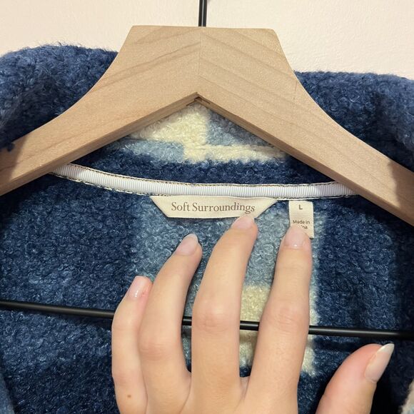 Soft Surroundings Dealto Jacket Sherpa Blue White Plaid Pockets Snap Front Sz L - Picture 4 of 8